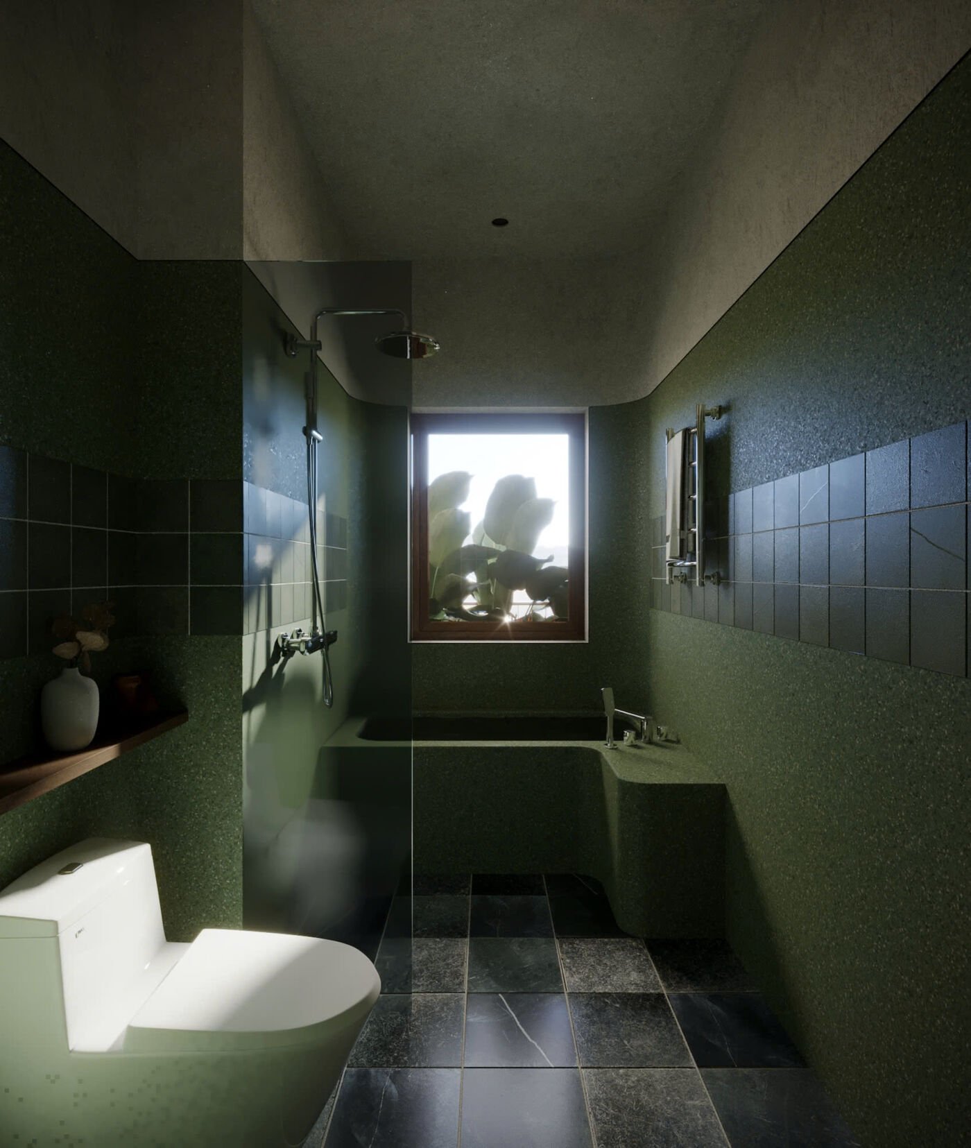 Wabi-sabi bathroom in green terrazzo with sunken bathtub